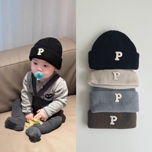ins婴儿帽子秋冬宝宝针织帽子保暖百搭冬季P字母纯色加厚毛线帽子