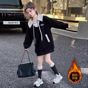女童长袖连衣裙秋冬季加绒中大童时髦韩系假两件翻领中长款卫衣裙
