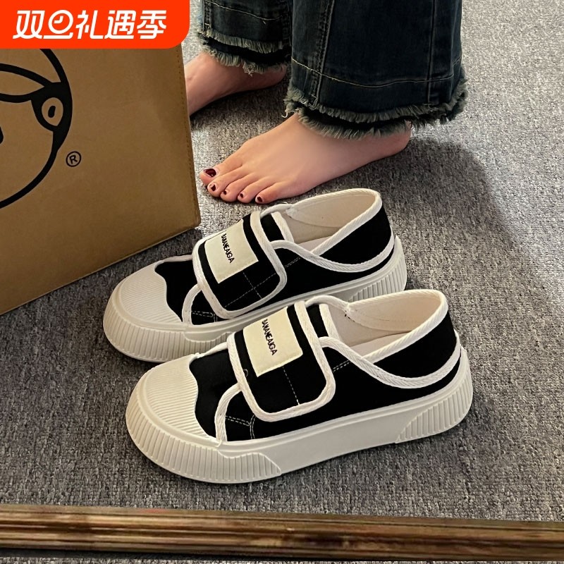 帆布半拖鞋女2025年春秋新款厚底魔术贴两穿一脚蹬休闲板鞋圆头