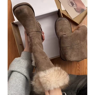 牛皮版 保暖雪地靴 两穿粗跟加绒靴子真皮复古毛茸茸长筒靴女冬季