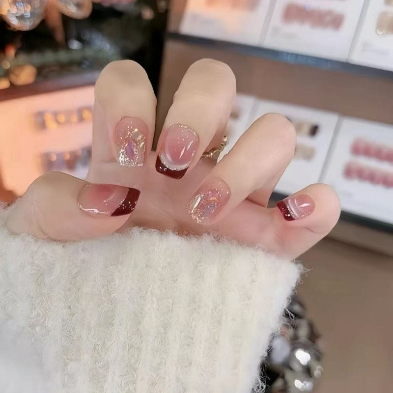 【红法式 】手工穿戴甲粉红色法式猫眼美甲10片短款腮红可拆美甲