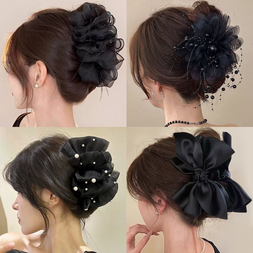 高级感黑色泡泡蝴蝶结发夹大号发抓2025新款后脑勺盘发鲨鱼夹抓夹
