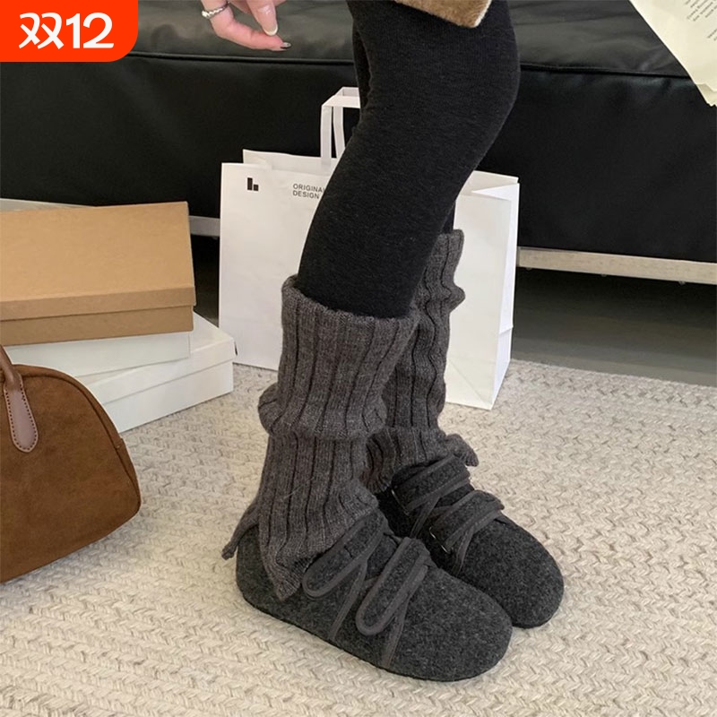 灰色毛呢鞋2025秋冬季加绒毛毛鞋棉鞋魔术贴厚底鞋子勃肯鞋平底