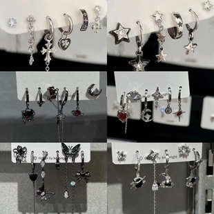 超酷grl ! 爱心锆石六件套耳钉甜酷耳圈小众设计件套耳扣耳饰