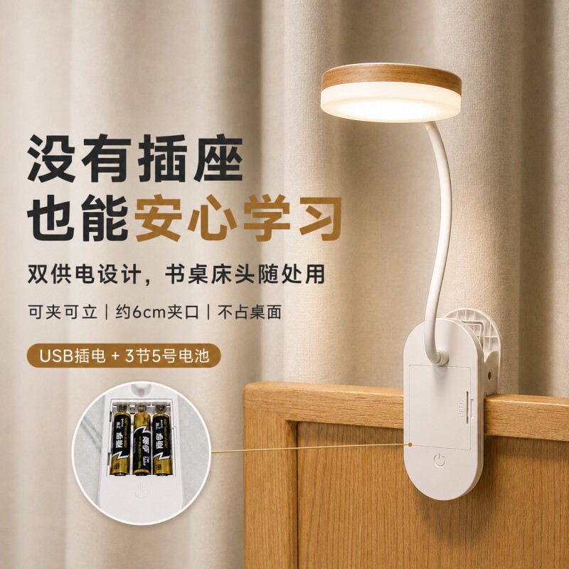 夹子台灯学习专用阅读护眼学生宿舍床头书桌小夜便携插电电池台灯