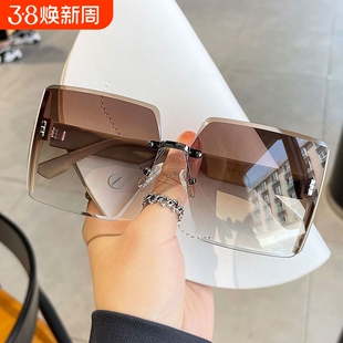 无框墨镜女防紫外线茶色太阳眼镜防晒韩版高级感大框显瘦偏光圆脸