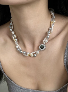 日韩双层叠戴珍珠项链女小众设计高级感颈链2024年新款爆款锁骨链