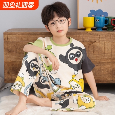 2025儿童睡衣男童短袖长裤纯棉夏季中大童男孩家居服套装短裤小新
