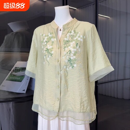 妈妈夏季新款棉麻短袖衬衫套装
