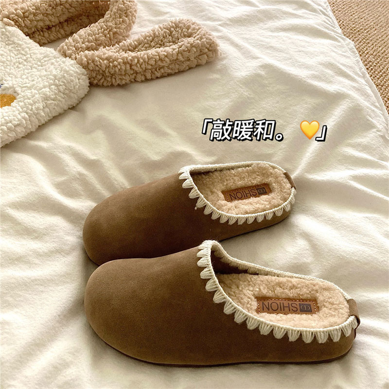 精致时髦~！花边氛围感加绒勃肯拖鞋女ins外穿保暖厚底毛毛棉拖鞋