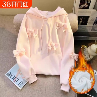 女童卫衣秋冬季大童蝴蝶结连帽上衣儿童外套加绒粉色白色公主风