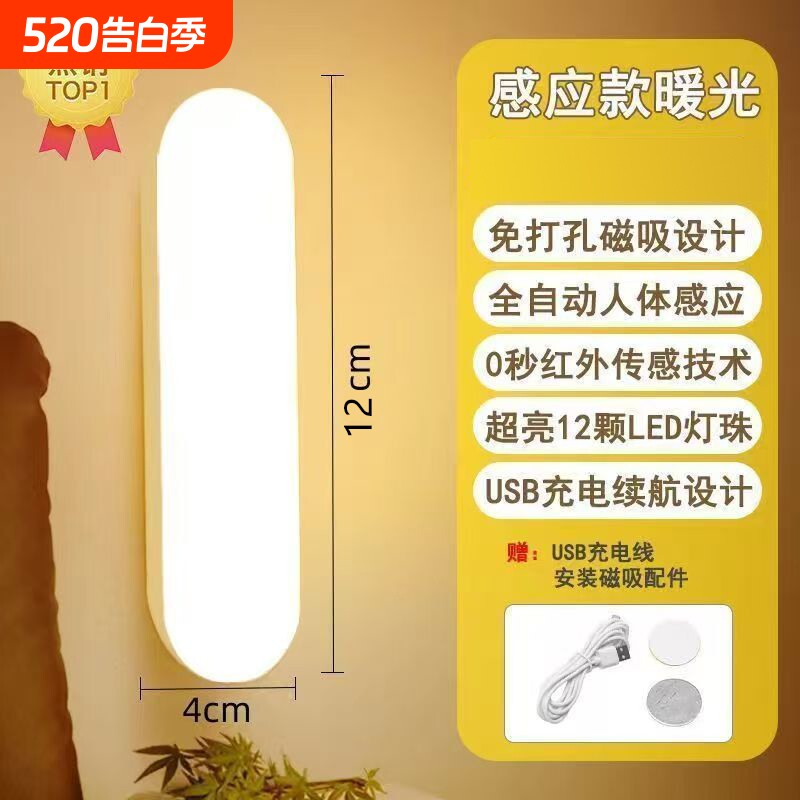 感应小夜灯人体声控家用楼梯过道衣柜充电式夜间智能自动无线长条