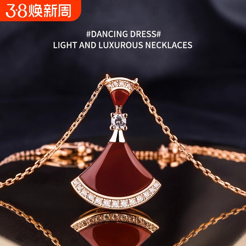 纯银小裙子项链女夏镀18k轻奢锁骨链白贝母吊坠红玛瑙孔雀石大气