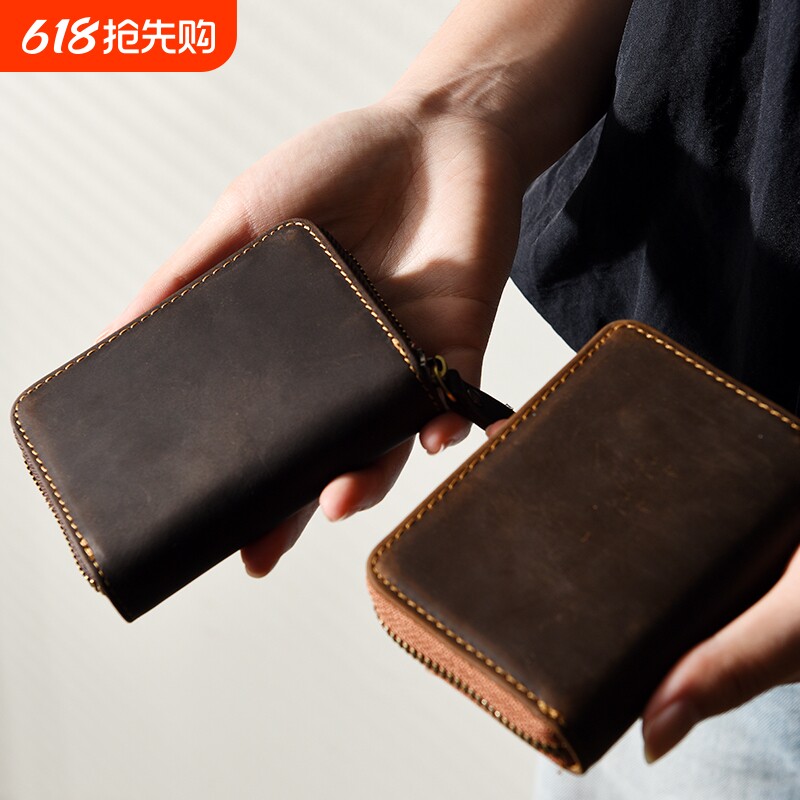 手工男士复古疯马头层牛皮拉链钱包男式短款硬币小零钱包真皮卡包