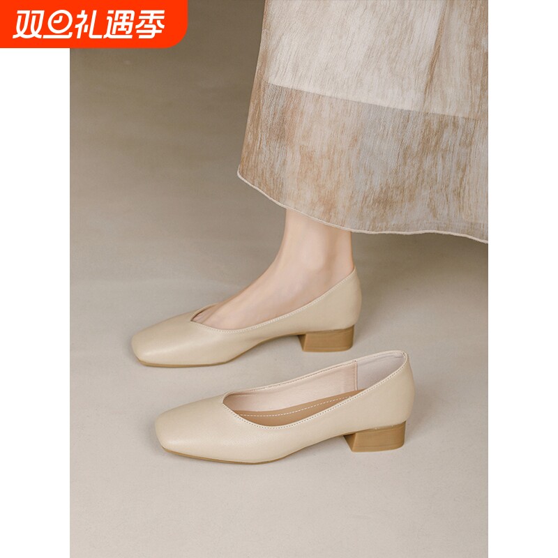裸色真皮奶奶鞋女粗跟2025年新款法式中跟女鞋夏季软皮不累脚单鞋