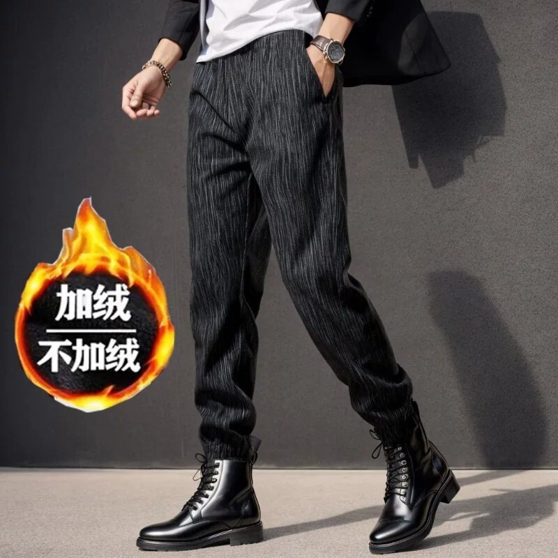 高端男装裤子男秋冬款纹理感长加绒加...