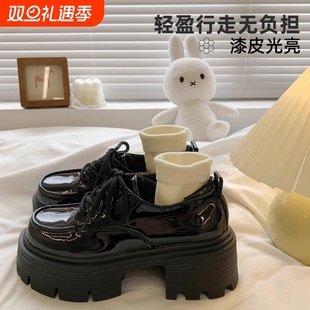 粗跟英伦风单鞋 新款 子日系圆头网纱系带 女2024春秋夏季 厚底小皮鞋