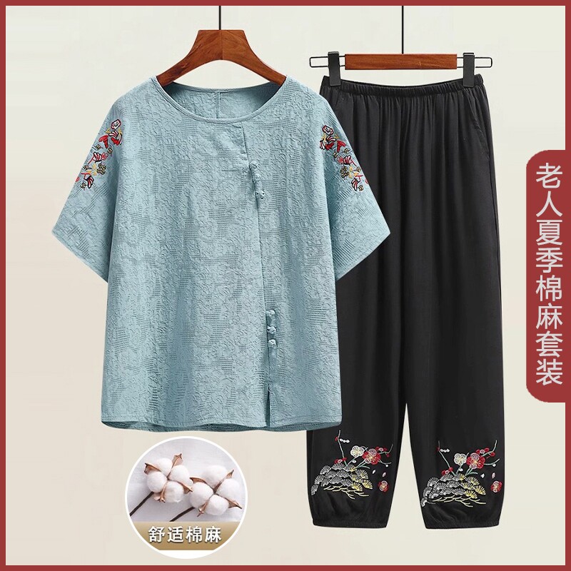 奶奶夏季棉麻套装女中老年人60-70岁妈妈夏装薄款短袖上衣两件套
