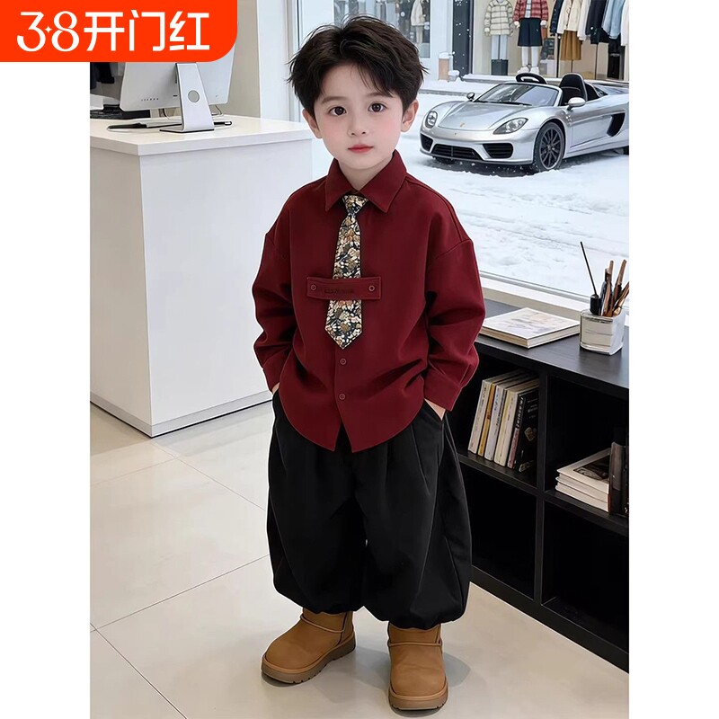 男童拜年服2026新款小男孩帅气加厚安可拉红外套儿童秋冬新年衬衫