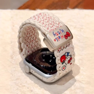 可爱KT插画编织磁吸表带适用苹果手表S11通用iwatchS9华为FIT4Pro腕带applewatchs10s9se女红色手腕粉色金属