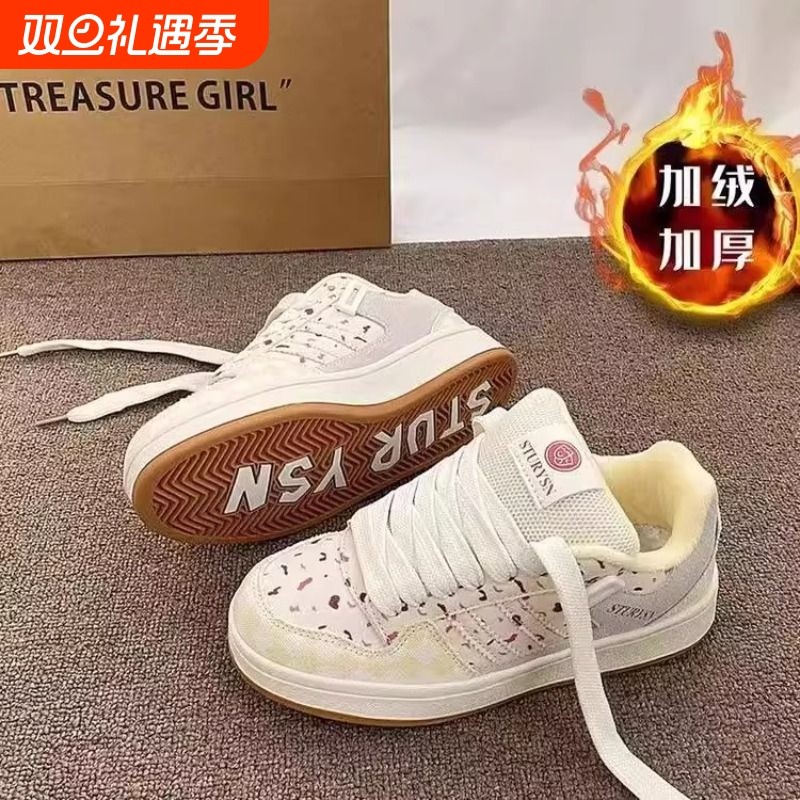 加绒板鞋女蔓越莓面包鞋ins潮秋冬季新款港风百搭小众鞋子女圆头