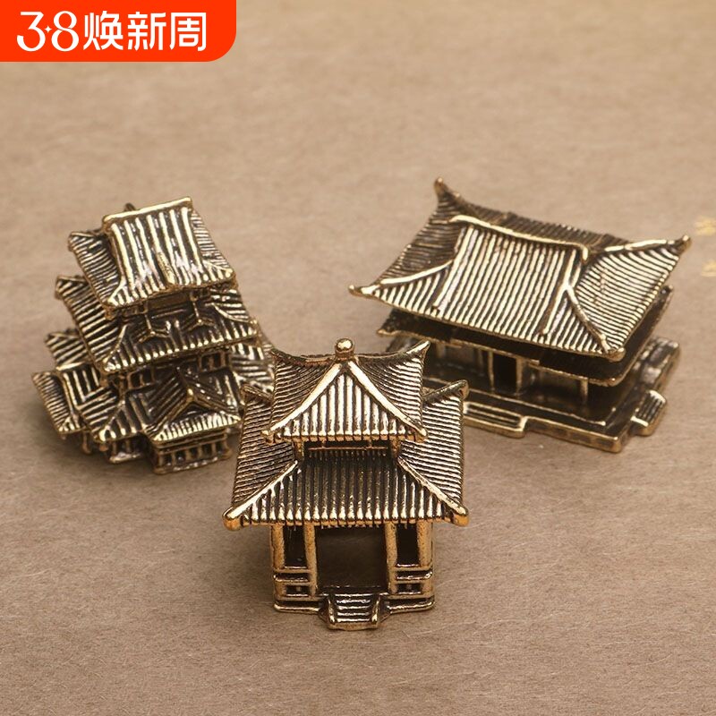 黄铜客栈造景小摆件假山奇石水陆鱼缸庭院盆景书房古建筑古楼模型