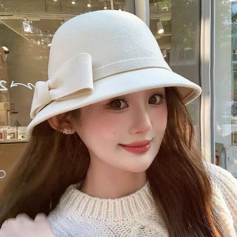女士帽子礼帽复古秋冬季蝴蝶结盆帽气质小檐渔夫帽名媛优雅水桶帽