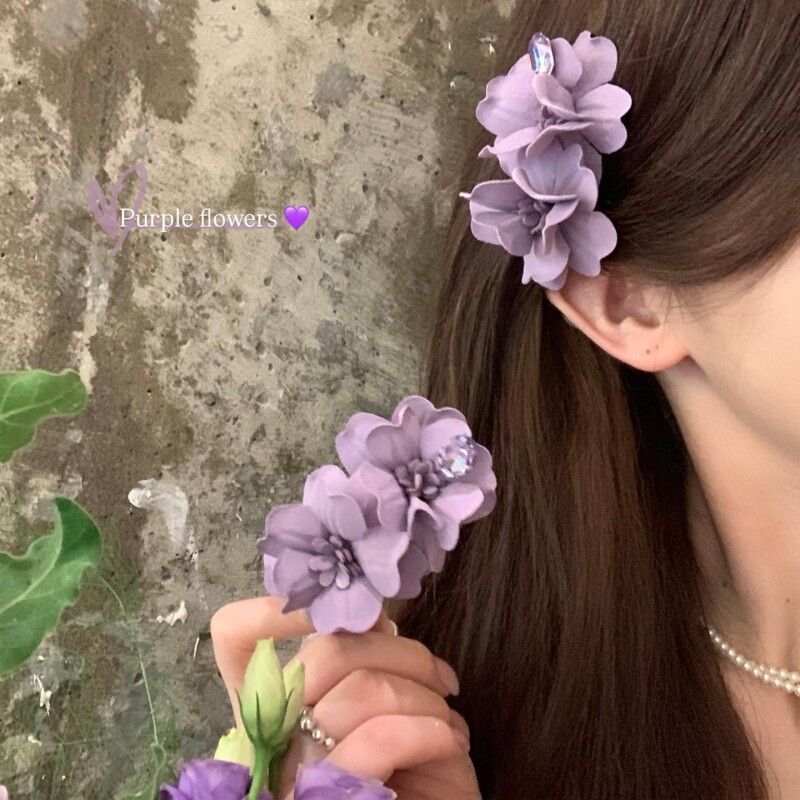 超仙气质紫色并蒂花发夹女海边度假风发饰鸭嘴夹侧边刘海夹女花朵
