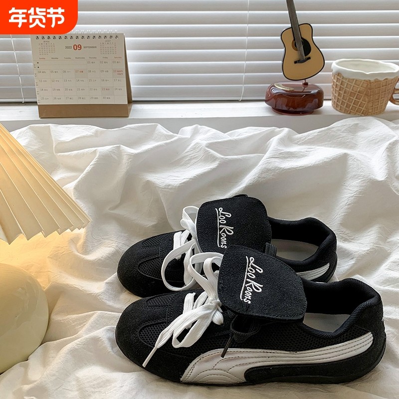 黑色翻盖德训鞋女2025秋季新款复古拼色运动板鞋平底内增高阿甘鞋,女鞋,德训鞋,淘宝优惠券,粉丝福利购,淘宝优惠卷