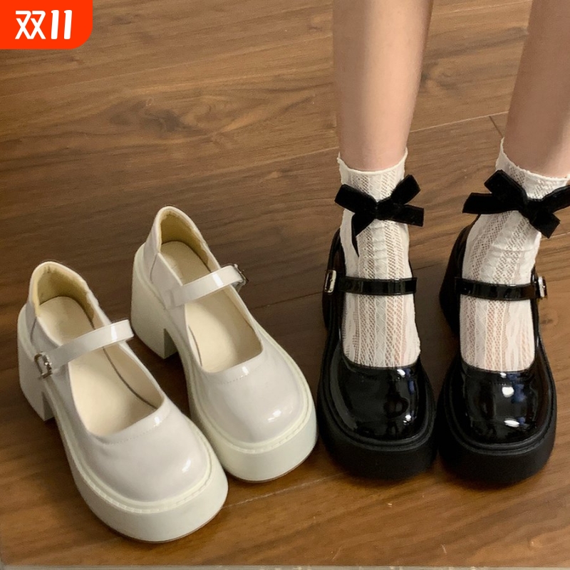 甜酷粗跟高跟小皮鞋女2025春夏季新款厚底增高法式复古玛丽珍单鞋