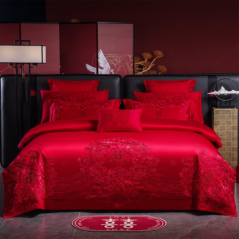水星星高档中式龙凤刺绣纯棉婚庆四件套大红色结婚陪嫁喜被套用品