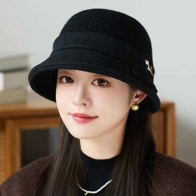 妈妈帽子卷边蝴蝶结百搭复古渔夫帽针织时尚盆帽秋冬保暖礼帽优雅