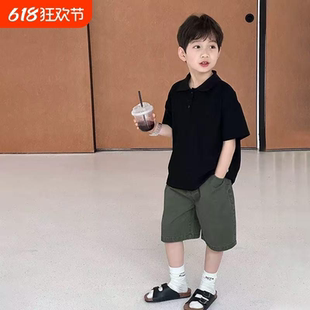 新款 男童短袖 礼物夏季 T恤儿童夏装 中大童纯棉翻领上衣黑色 polo衫