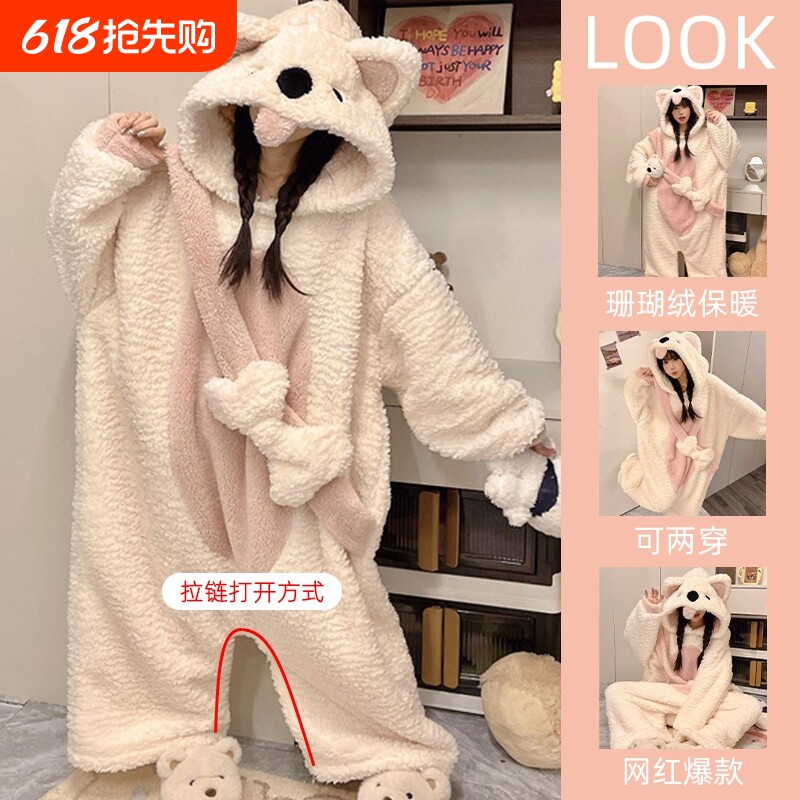 珊瑚绒睡衣女款2025新款秋冬季男士加厚可爱狗睡袍睡裙连体家居服
