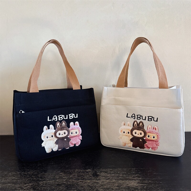 拉布布帆布手提包女简约百搭上班族妈咪便携手提袋学生饭盒便当包
