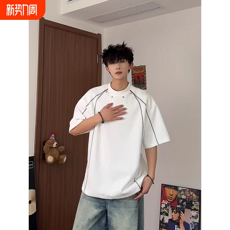 白色解构拼接条纹t恤男夏季设计感小众正肩短袖美式高街重磅半袖