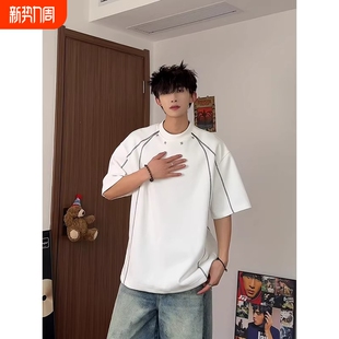 高街重磅半袖 美式 设计感小众正肩短袖 白色解构拼接条纹t恤男夏季