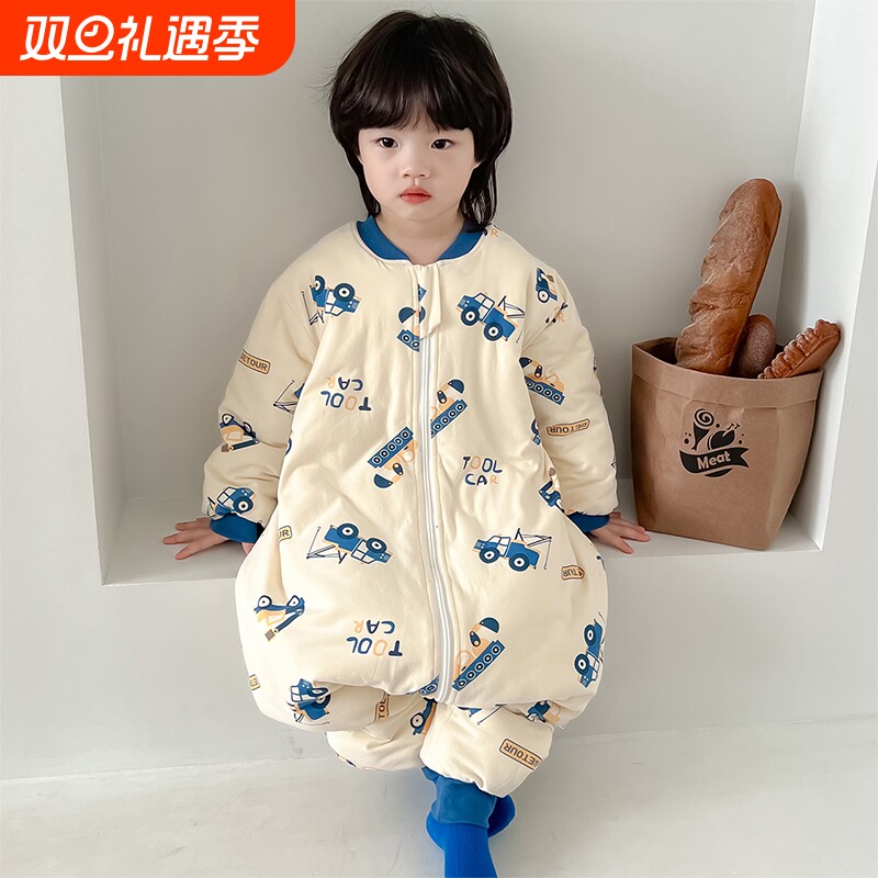 儿童连体睡衣秋冬季防着凉宝宝分腿睡袋夹棉加厚男女童纯棉连身衣