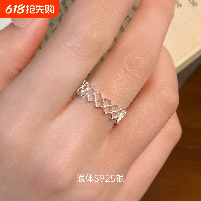 S925纯银日韩ins镂空戒指女简约小众轻奢开口银饰指环送女友礼