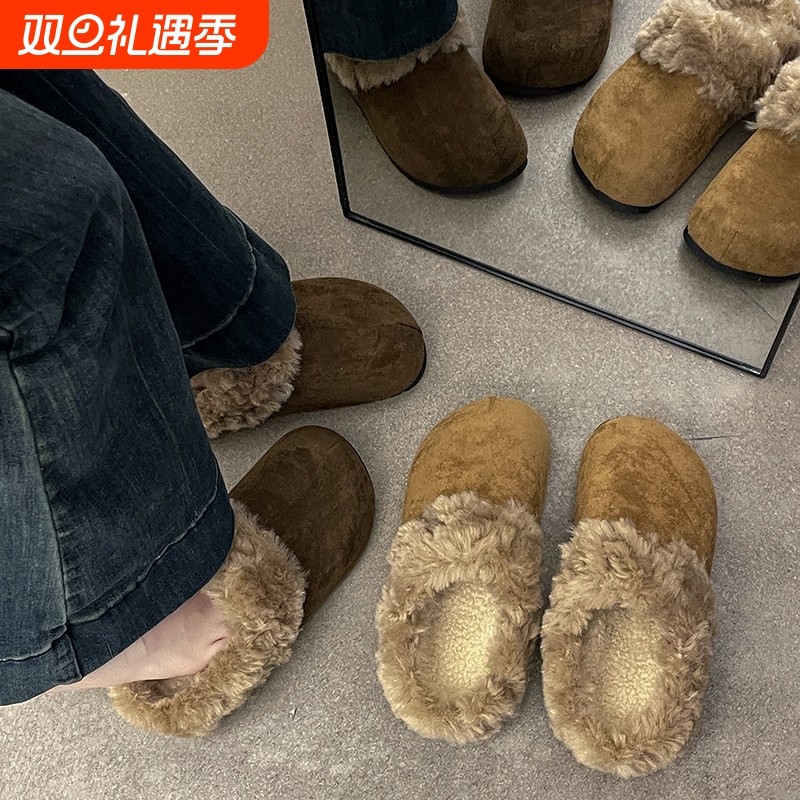 勃肯棉拖鞋女外穿2025秋冬新款加绒一脚蹬毛毛包头半拖鞋潮防滑