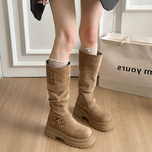 两穿不过膝长筒靴子女2025秋冬新款 厚底绒面粗跟堆堆靴增高骑士靴
