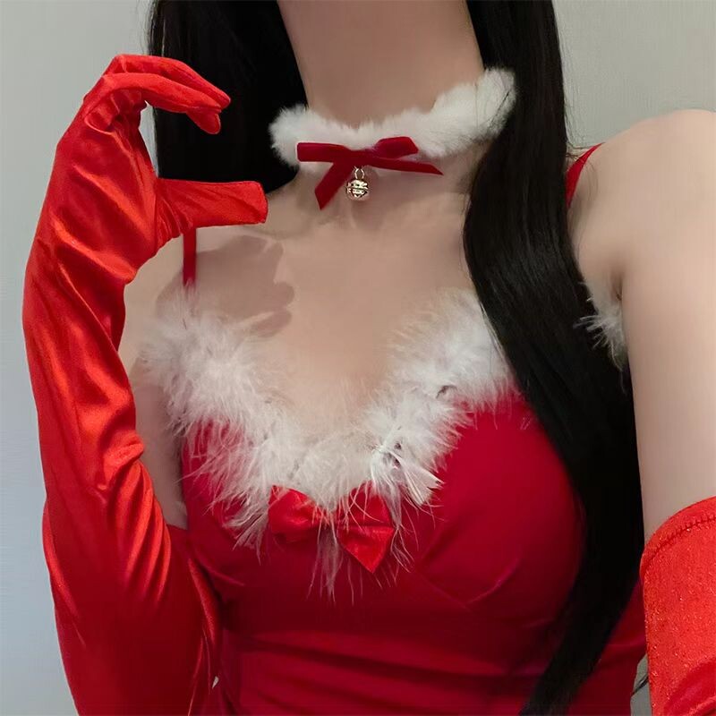 秋冬毛绒项圈choker项链锁骨链新年红色蝴蝶结铃铛项链颈链配饰