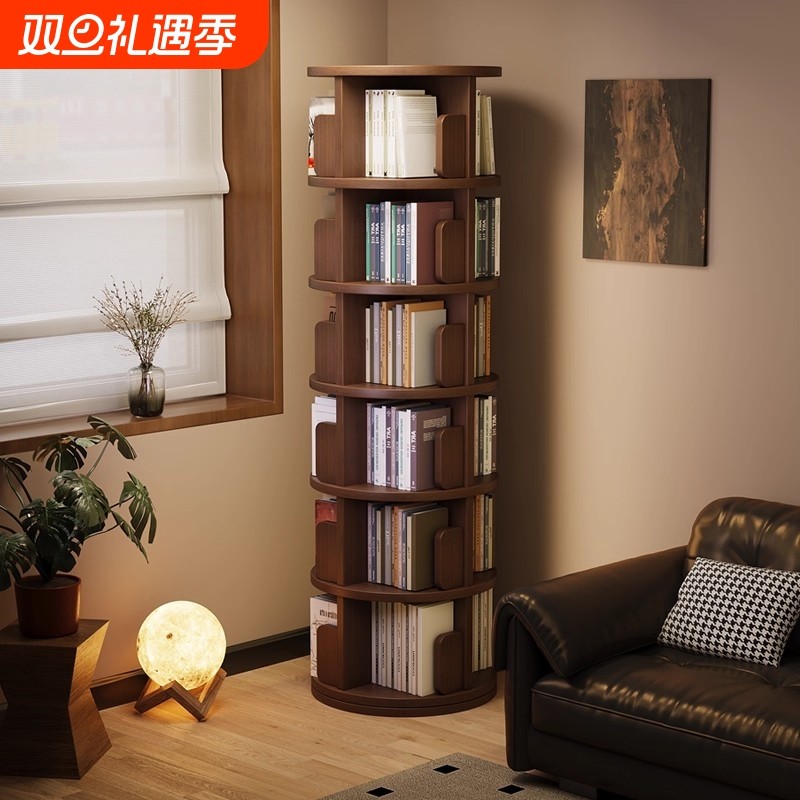 实木旋转书架360度书柜网红收纳家用客厅可移动儿童落地置物架子