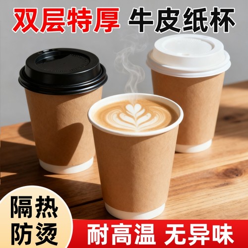 咖啡专用纸杯带盖高级感一次性杯子双层牛皮纸奶茶热饮加厚高颜值