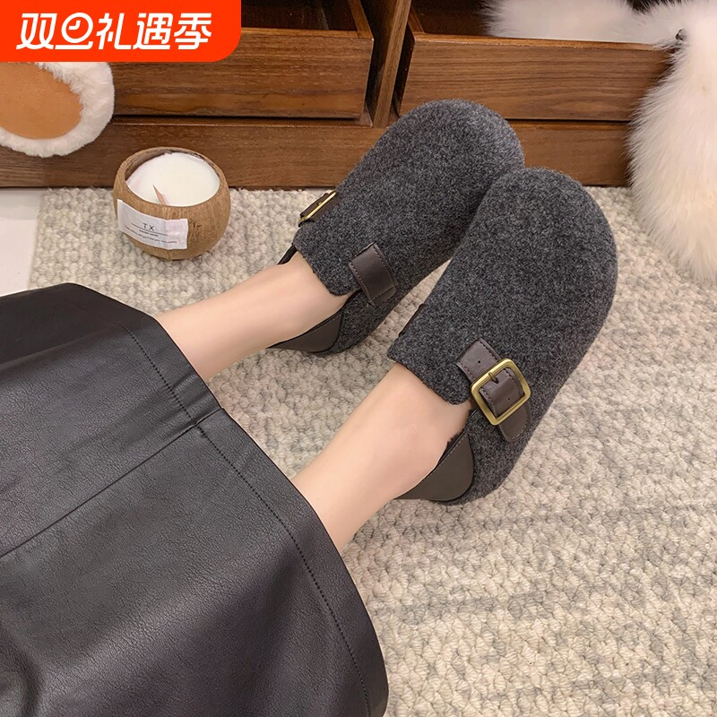 内增高勃肯鞋女秋冬加绒加棉豆豆鞋2025年新款厚底一脚蹬勃肯棉鞋