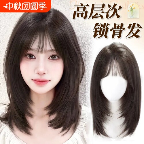 假发全头套女自然仿真锁骨发轻薄无痕日常整顶式短发蕾丝刘海直发