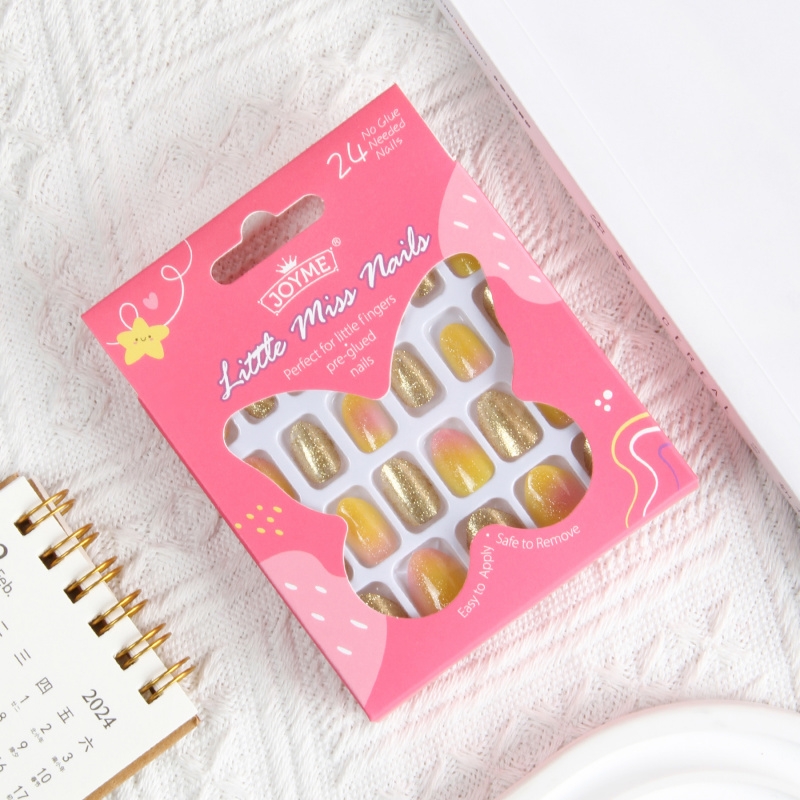 晕染儿童穿戴甲黄色闪粉亮晶晶免胶水自粘胶24片背胶安全环保