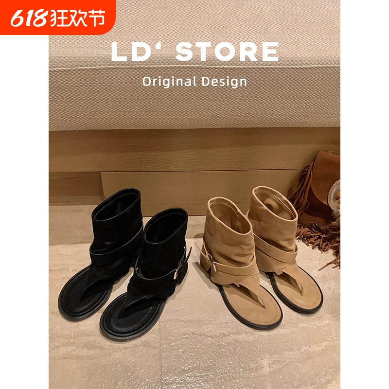 牛皮版~内增高人字夹凉靴女2025新款夏时髦辣妹裤管短筒罗马凉鞋