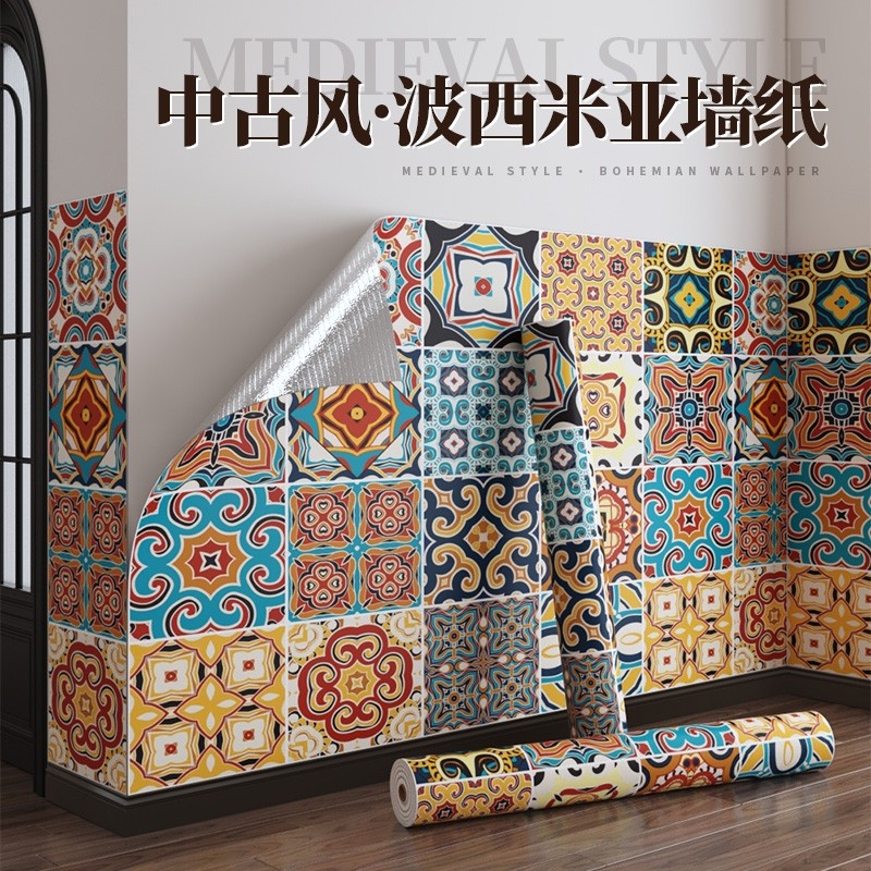 墙纸中古风壁纸瓷砖贴纸自粘装饰墙贴墙面防油防水立体防潮卧室