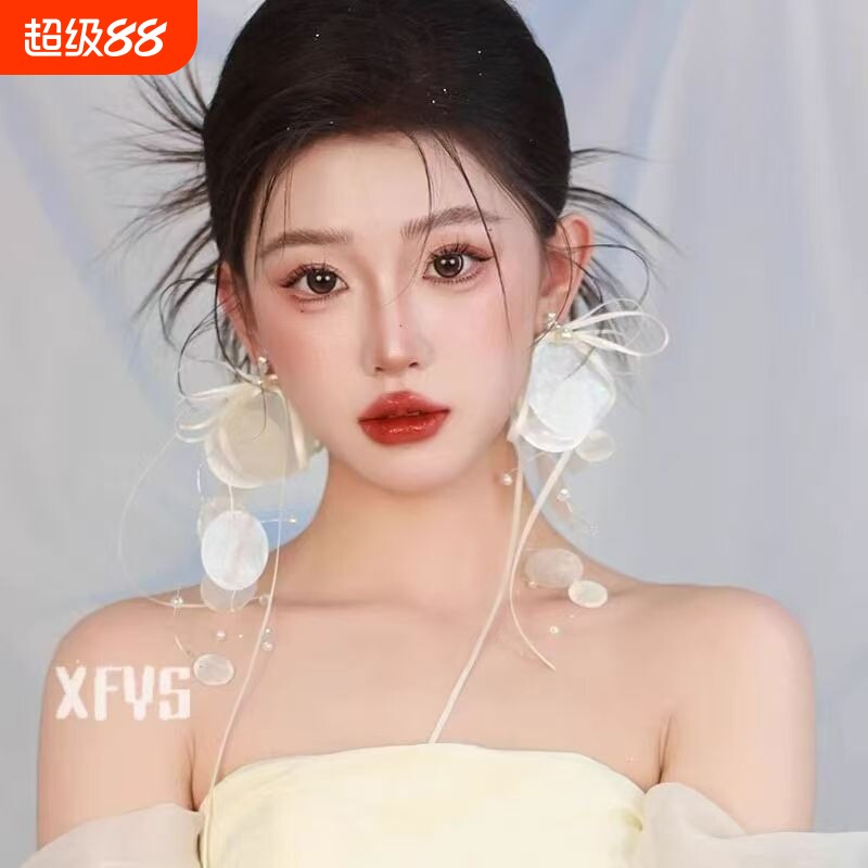 新款法式复古圆片蝴蝶结流苏耳环新娘长款耳钉结婚纱礼服耳饰